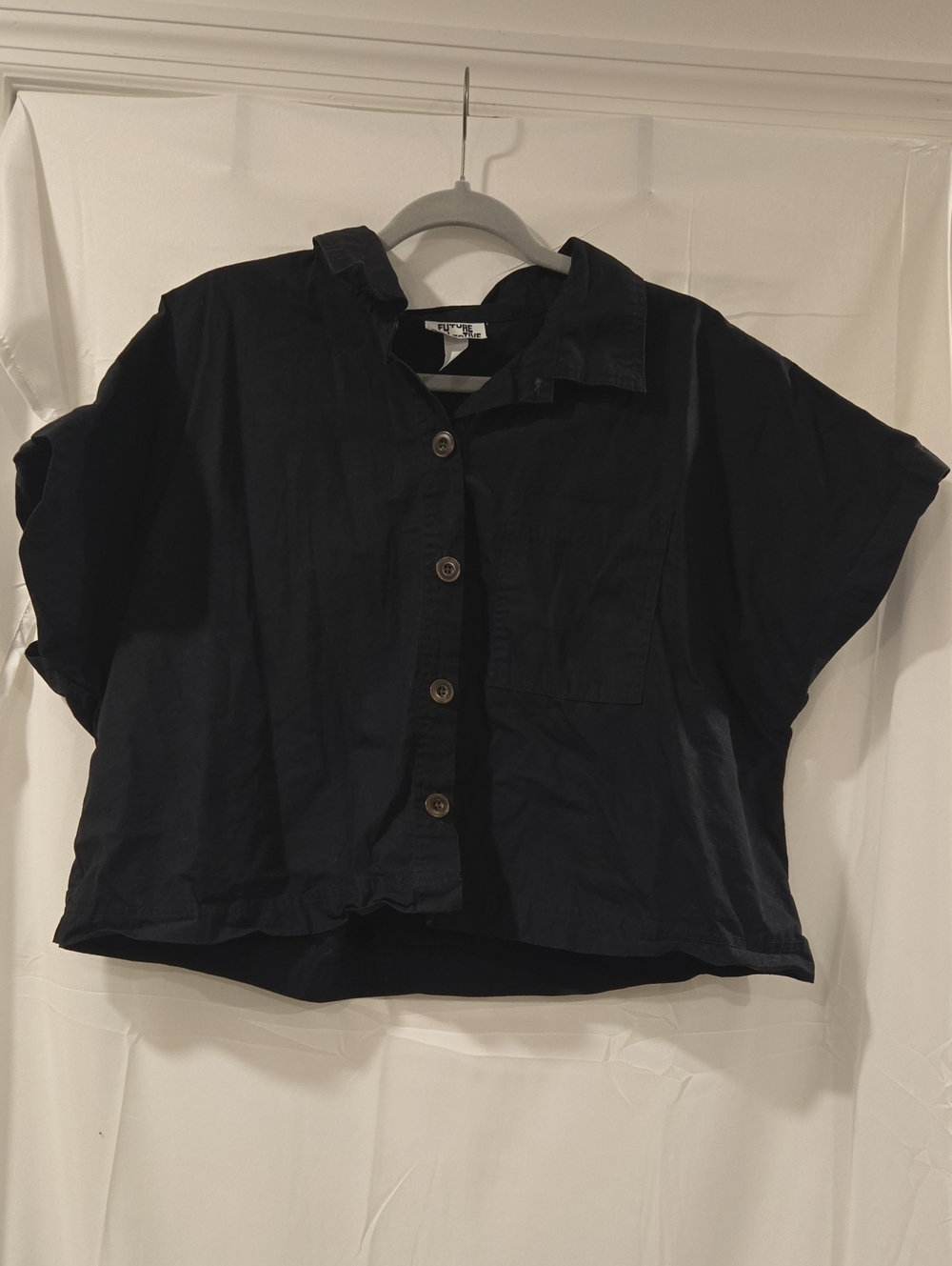 Future Collective Black Cropped Short Sleeve Button Down Shirt XL